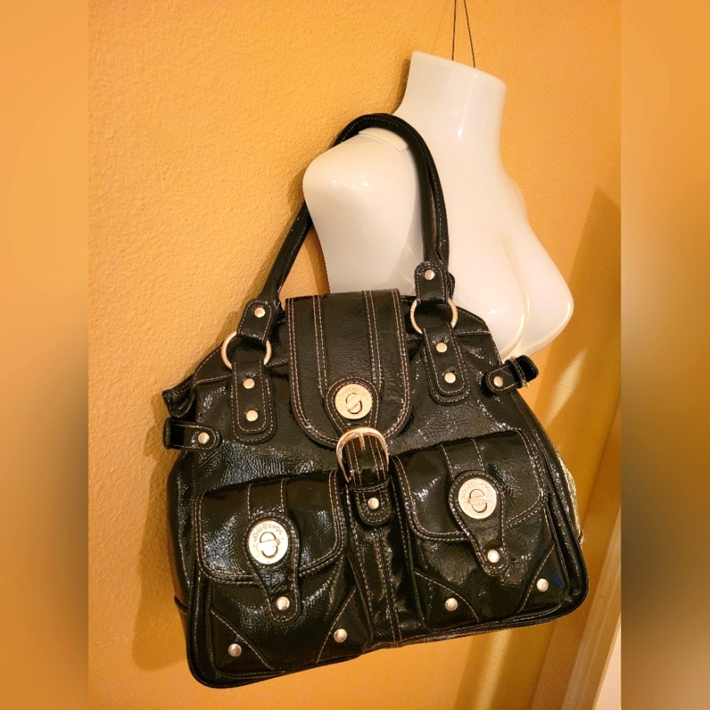 London Fog Black Simulated Patent Leather Satchel Tote Shoulder Bag Purse Large